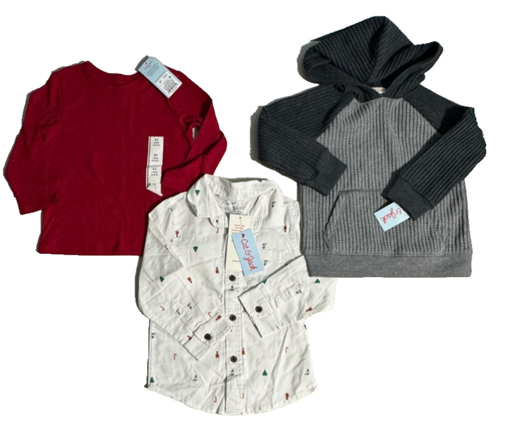 Lot of 3 Cat & Jack Tops Boy 2T Casual Everyday Basic Holiday Long Sleeve Hooded